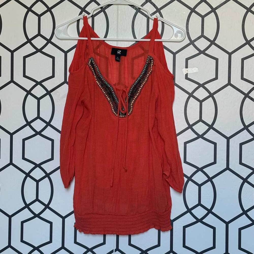 IZ Byer Womens Orange Cold Shoulder Beaded V-Neck Top Size XL